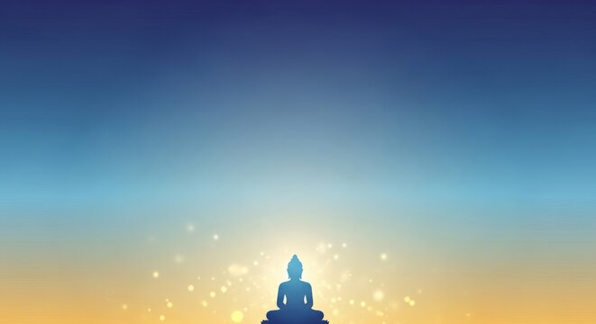 Buddhist Phalguna Blue Gold Gradient Banner with Meditating Buddha
