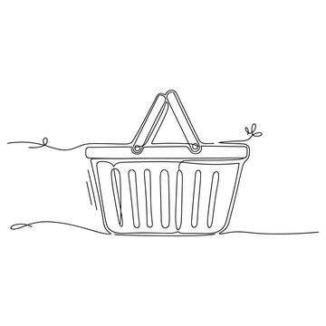 Minimalist continuous line drawing of a shopping basket with handles. Non editable stroke