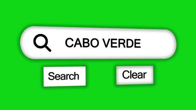 A digital search interface showing the country name CABOVERDE with a magnifying glass and interactive search and clear buttons on a bright green