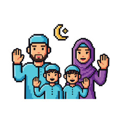 Happy pixel art Muslim family waving. Father, mother in hijab, two sons. Retro 8-bit graphic with Islamic crescent moon and star for Eid and Ramadan.