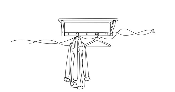 Minimalistic line art: coat hanging on a rack with hangers. Non editable stroke