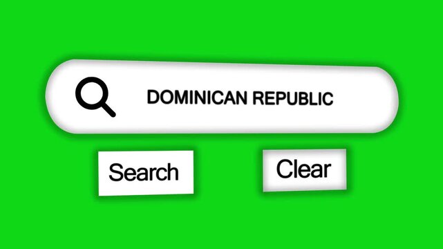 A minimalist a white search bar with the text DOMINICANREPUBLIC inside on a bright green background, featuring a magnifying glass and