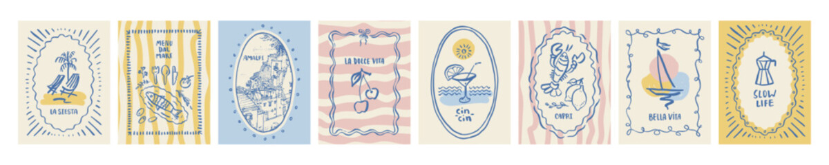 Amalfi coast wall art. Italian sunny beach summer vacation posters. Retro Dolce Vita kitchen prints. Vintage vector palm sea illustrations. Lobster, yacht, fish icon doodle Mediterranean food sketches © babayuka