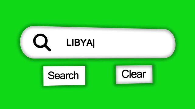 A digital search bar interface the country name LIBYA with a magnifying glass and search and clear buttons on a vibrant green background representing