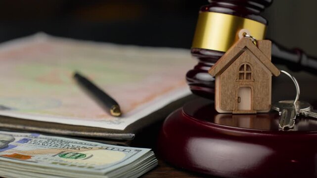 Real Estate Law, Foreclosure, and Property Auction Concept. Judge's gavel, house keychains, and a pen on legal documents with US dollar bills. Divorce settlement, property litigation