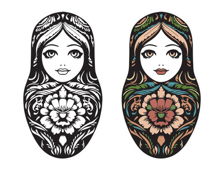 Two matryoshka dolls - black and white and a color pattern. Traditional Russian dolls are isolated objects on a white background. Vector clipart