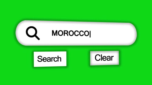 A digital search bar interface the country name MOROCO with a magnifying glass and search and clear buttons on a vibrant green background with a