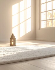Warm Sunlight Streaming Through Large Windows Onto a White Shag Rug With a Lantern in an Empty Room