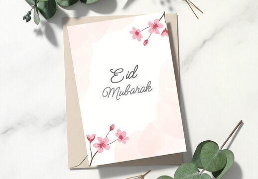 Eid Mubarak Card Design Layout with Watercolor Pink Floral Illustration