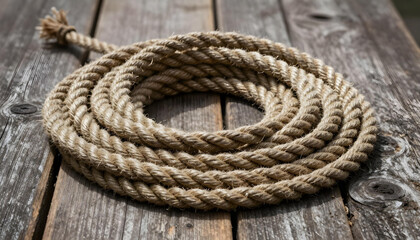 Obraz premium Thick natural fiber rope coiled on weathered wooden planks, rustic texture and detail
