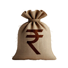Brown burlap sack with indian rupee symbol on front isolated on transparent background