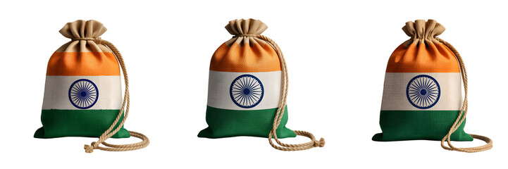 Three indian flag drawstring bags isolated on transparent background