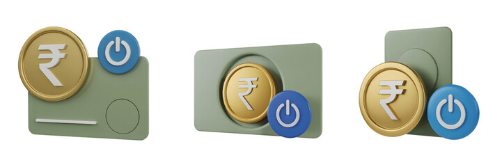 Three indian rupee power button icons isolated on transparent background