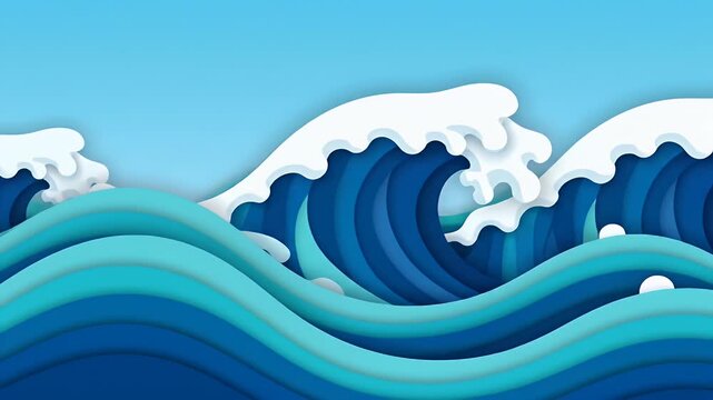 Stylized blue ocean waves in a modern paper art style