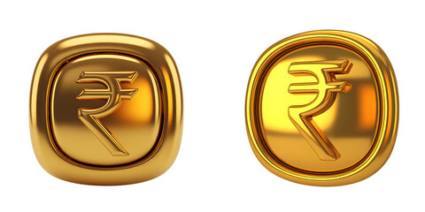 Golden indian rupee symbol coins on white isolated on transparent background