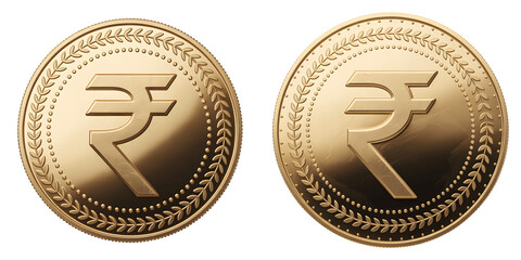 Golden indian rupee coins with symbol isolated on transparent background