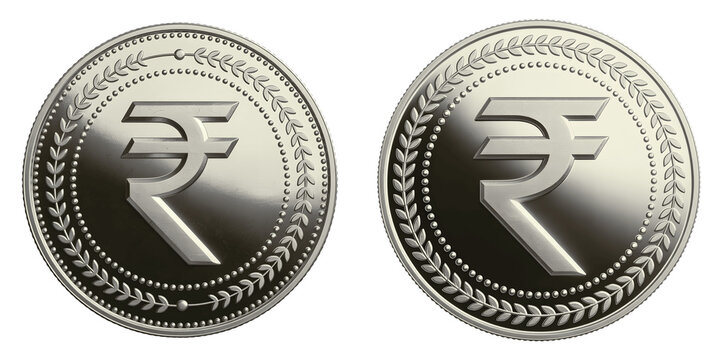 Two indian rupee coins with shiny metallic surface and laurel wreath design isolated on transparent background
