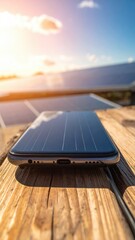 Modern Smartphone Placed on Wooden Surface with Solar Panels and Sunny Sky Background.