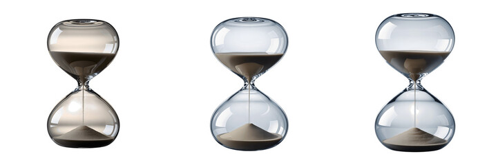 Set For hourglasses with sand flowing isolated on transparent background