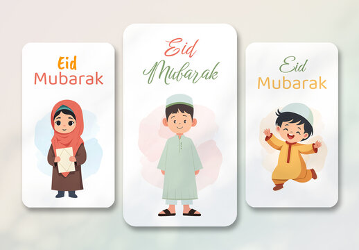 Eid Mubarak Social Media Post Template with Cute Kids Illustration