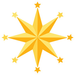 Obraz premium Golden eight pointed star design surrounded by smaller radiating yellow stars illustration