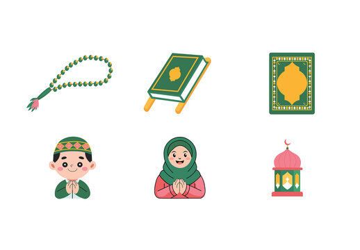 Cute Islamic Icon Set for Ramadan and Eid Mubarak Vector Illustration