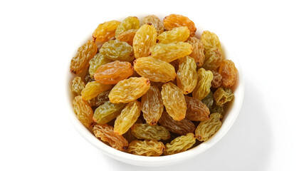 Golden raisins in a white bowl, a healthy and delicious dried fruit snack