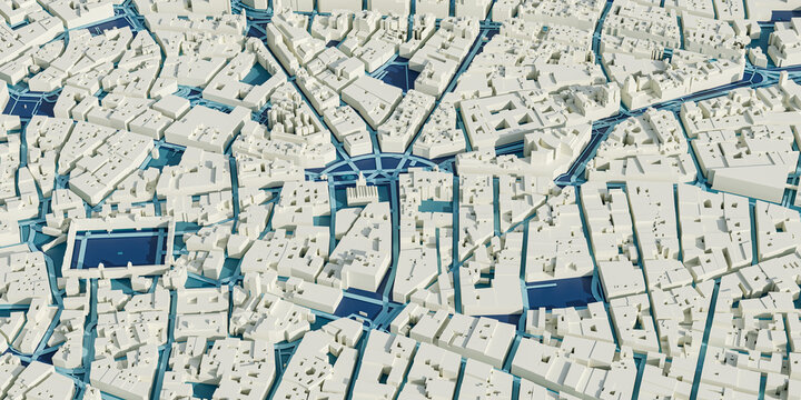 3D render map of Madrid cityscape. 3D illustration of an aerial view of Madrid, Spain.