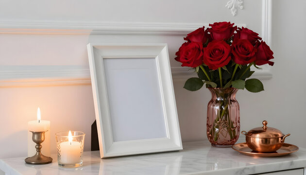 Elegant tabletop arrangement with red roses, candles, and a white picture frame