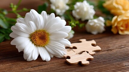 Fototapeta premium A daisy flower emerges from a gap in a jigsaw puzzle placed on a wooden surface, surrounded by other flowers, in springtime