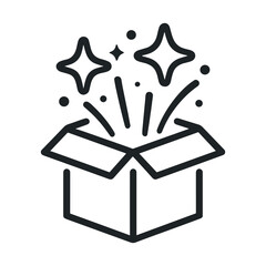 Open gift box icon with sparkles and stars, surprise present package, minimal outline vector illustration on transparent background