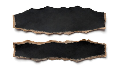 Fototapeta premium Two torn black paper strips with rough edges on a white background