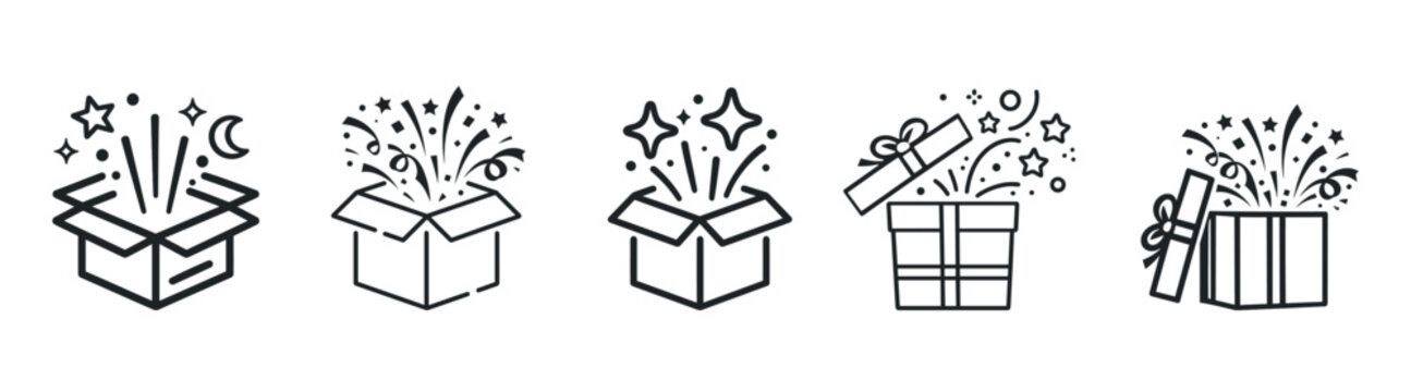 Gift box icons set, open present packages with confetti and ribbons, minimal line vector illustration on transparent background