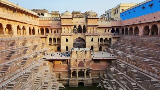 Ancient Stepwell Architecture: Intricate Stone Staircase Descending into a Historic Water Reservoir, India