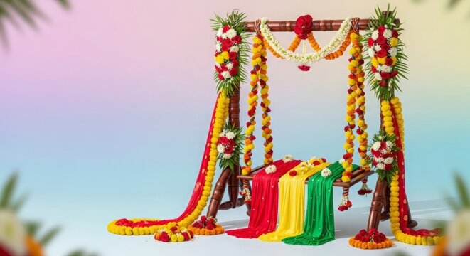 Dol Jatra Soft Gradient Banner with Floral Swing Decorations