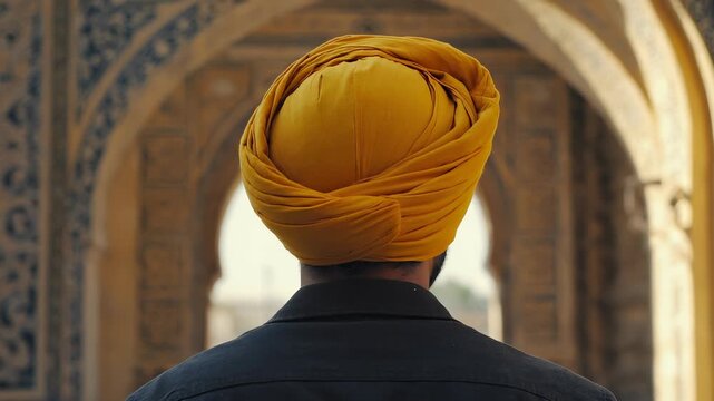 Man in Traditional Sikh Turban Viewed from Behind, Standing in Architectural Archway, Portrait of Faith and Heritage.