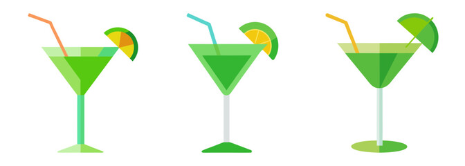 Obraz premium Three green cocktails with lime garnish and straws isolated