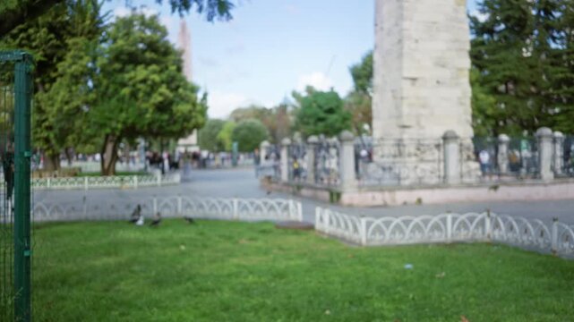 Istanbul park defocused background showing grassy foreground and monument in soft bokeh; background copyspace backplate calm.