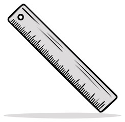 A simple grey ruler with black markings and a hole in the corner on a white background.