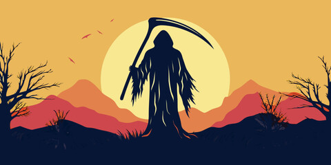 Grim reaper silhouette stands against a vibrant sunset with mountains © Raben