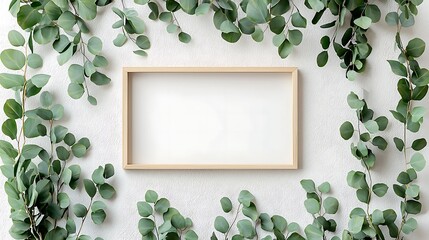 Minimalist Eucalyptus Frame: A clean, inviting wooden frame elegantly framed by lush eucalyptus branches, perfect for showcasing your content in a fresh, natural setting. 