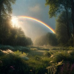 Rainbow Over a Calm Forest Clearing A vibrant rainbow arches ove