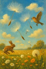 Seed dispersal seeds being carried by the wind or animals repres