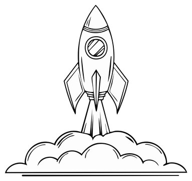 Retro rocket ship blasting off emitting smoke and flames creating a vintage space exploration graphic