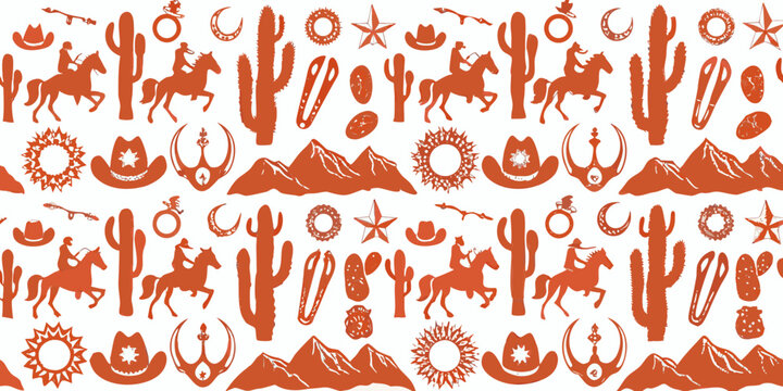 Rustic western pattern featuring horses cacti and native american motifs