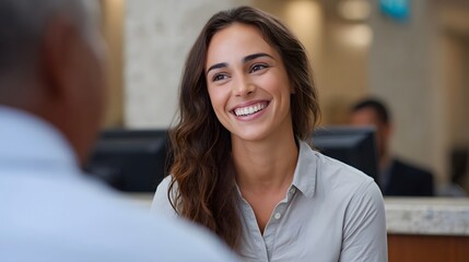 Obraz premium A friendly and welcoming woman with a bright smile engages in a professional conversation suggesting a positive customer service interaction