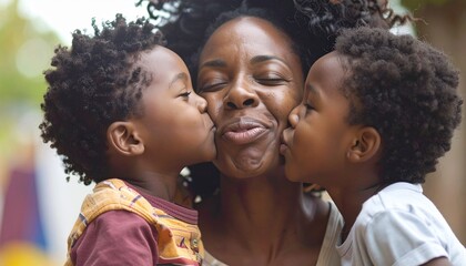 A Mothers Love - Two Sons Kissing Their Smiling Mother.