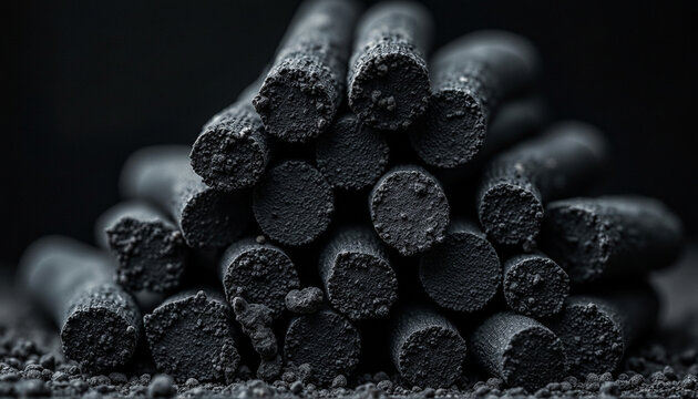 Macro shot of stacked porous activated carbon rods or granular charcoal filter pellets against a dark, dramatic background.