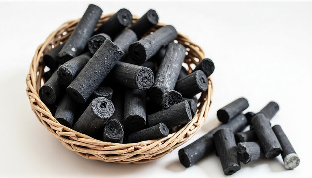 Bamboo charcoal sticks in a natural wicker basket and spilled on a bright white background, used for deodorizing and purification.