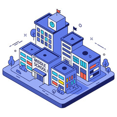 Fototapeta premium Isometric middle school complex with clock tower and trees. No editable stroke